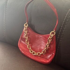 Fashion Nova Red Croc-Embossed Shoulder Bag with Gold Chain